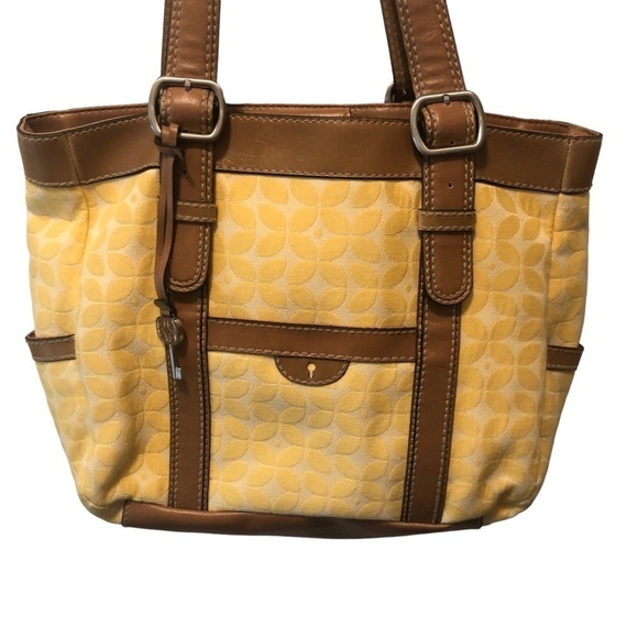 Fossil Marley Double Handle Shoulder Bag Shopper Yellow Canvas Leather 14X11 - Picture 6 of 14